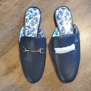 Jenn ARDOR Navy Leather Mules with Silver Accent